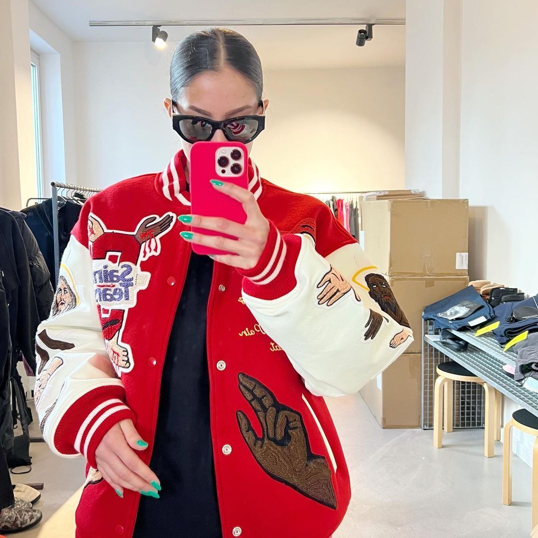 Saint Michael Casual Couple’s Baseball Jacket Red Embroidered Patch