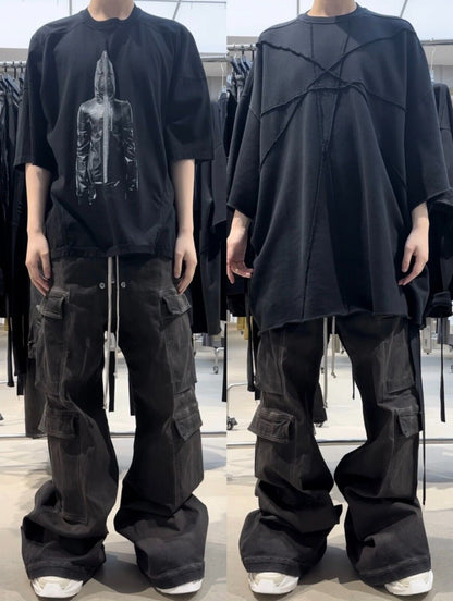 RO Rick Owens Washed Ash Gray Gradient Pocket Workwear Straight Wide Drawstring Jeans - Size avaliable S ~ L