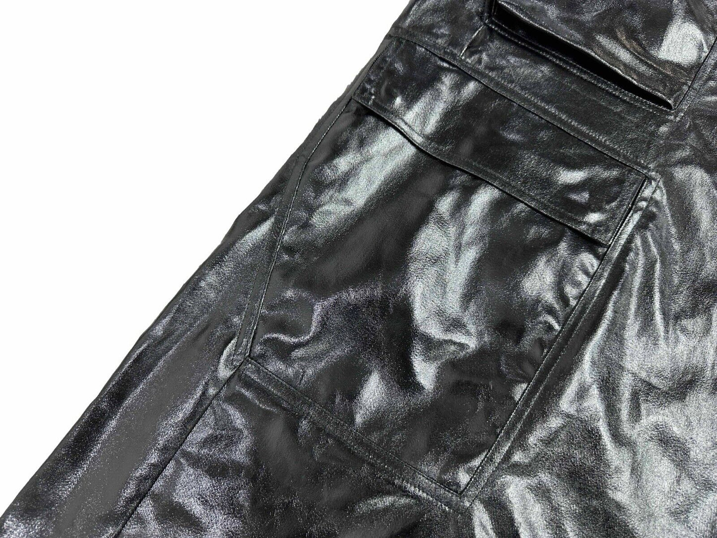 RO Metallic Coated Brushed Wax Glossy Pocket Straight Wide-Leg Flared Trousers - Size avaliable 46 48 50