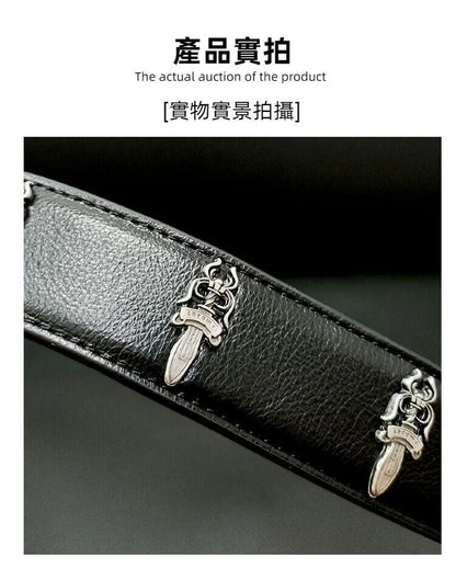 CH Ver Holy Sword Carved Roller Leather Belt Top Layer Cowhide 925 Silver-Plated