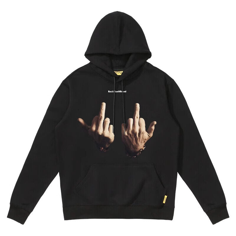 Rock Plan Cotton Hoodie Friendly Gesture Print Featuring Middle Finger Graphic