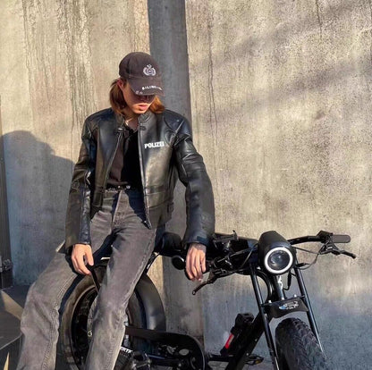 Vetements Motorcycle Leather Jacket Polizei Wild Man Biker Letter Print