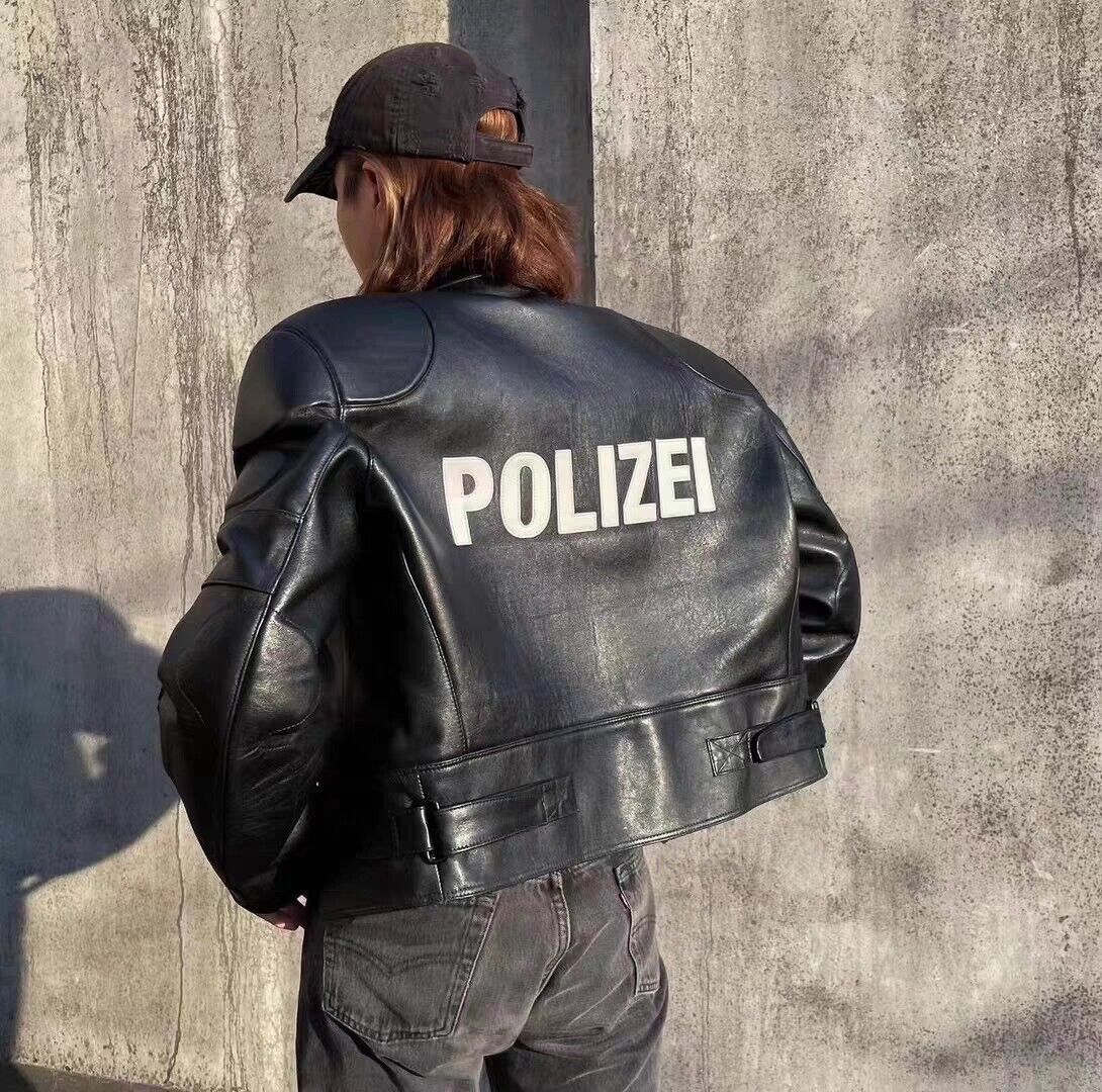 Vetements Motorcycle Leather Jacket Polizei Wild Man Biker Letter Print