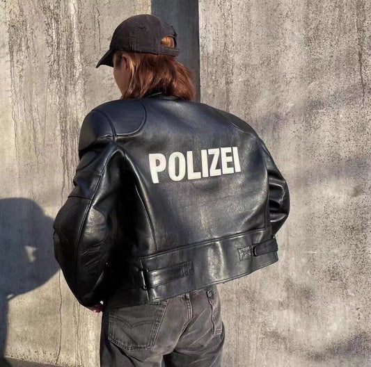 Vetements Motorcycle Leather Jacket Polizei Wild Man Biker Letter Print