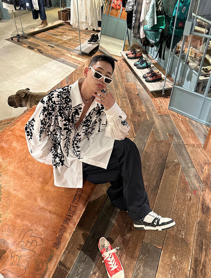 23FW【J Ver】Cold Branches Floral Plush Fine Spun Washed Cotton Loose Sleeve Shirt