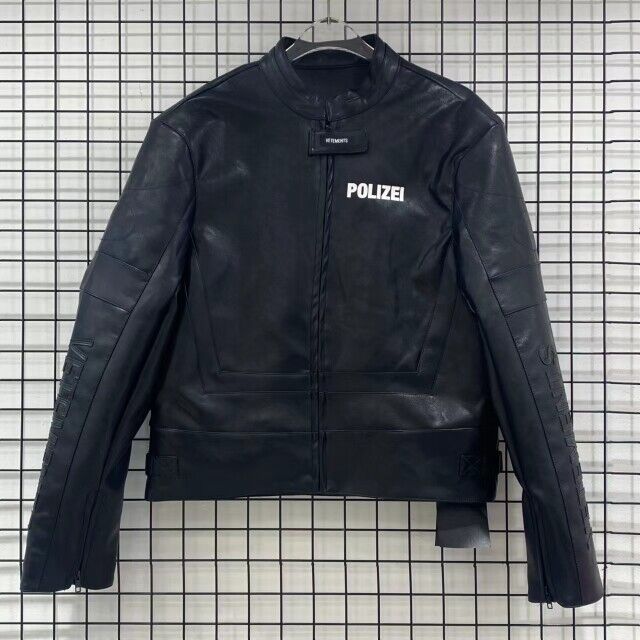 Vetements Motorcycle Leather Jacket Polizei Wild Man Biker Letter Print