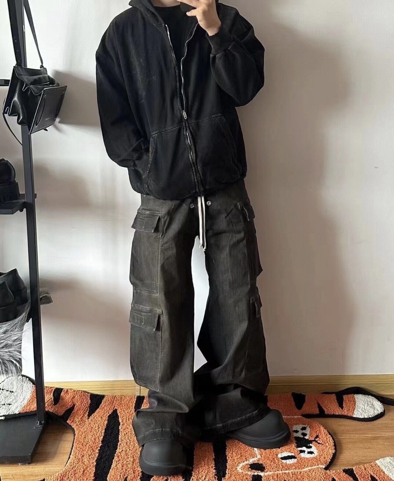 RO Rick Owens Washed Ash Gray Gradient Pocket Workwear Straight Wide Drawstring Jeans - Size avaliable S ~ L