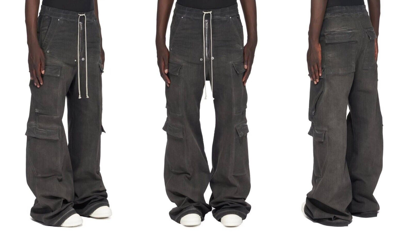 RO Rick Owens Washed Ash Gray Gradient Pocket Workwear Straight Wide Drawstring Jeans - Size avaliable S ~ L