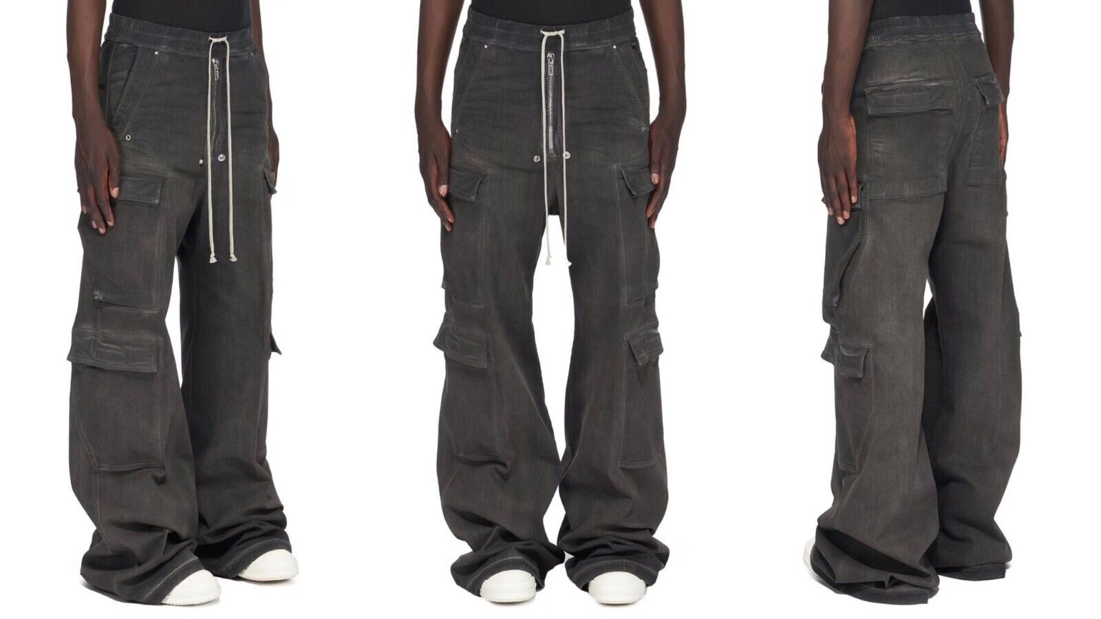 RO Rick Owens Washed Ash Gray Gradient Pocket Workwear Straight Wide Drawstring Jeans - Size avaliable S ~ L