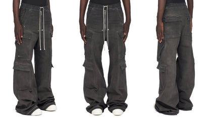 RO Rick Owens Washed Ash Gray Gradient Pocket Workwear Straight Wide Drawstring Jeans - Size avaliable S ~ L