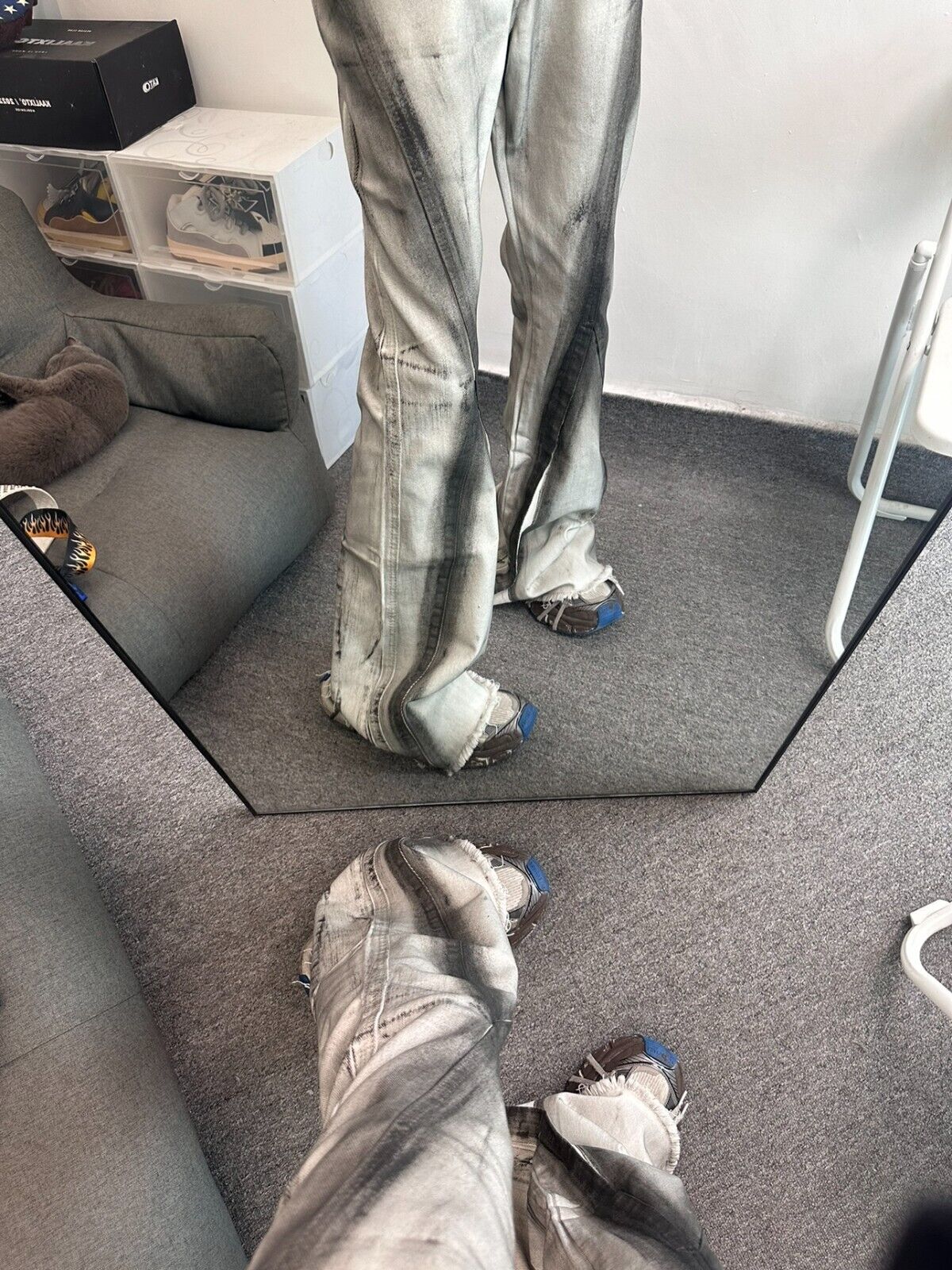 High Street RO Rick Owens Dirty Color Gradient Flare Jeans Distressed Retro Trousers - Size avaliable S ~ XXL