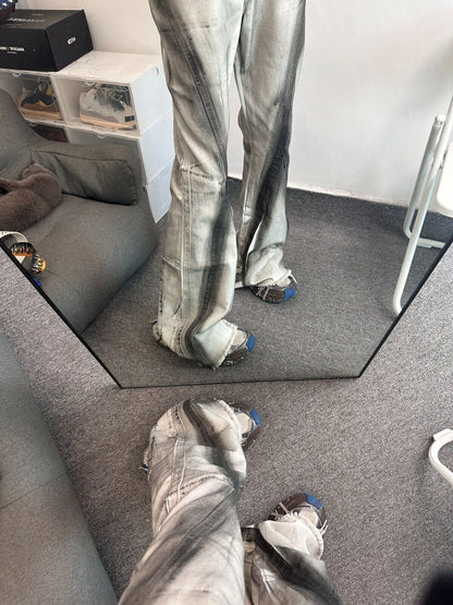 High Street RO Rick Owens Dirty Color Gradient Flare Jeans Distressed Retro Trousers - Size avaliable S ~ XXL