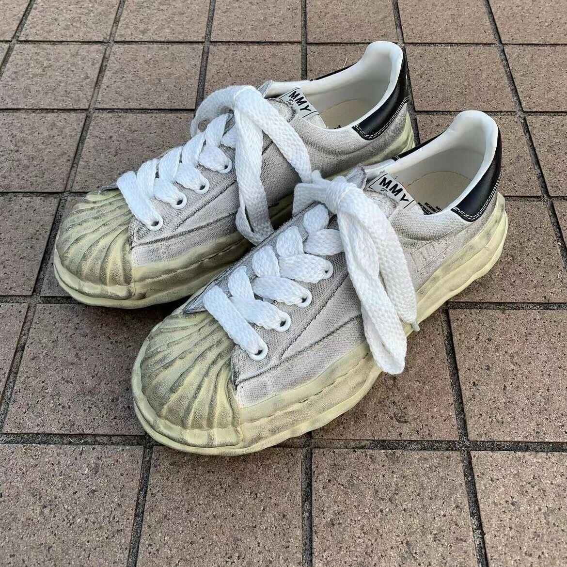 MMY Seashell-Toe Shoes Thick-Soled Unisex Dissolvable Sneakers/Distressed Canvas - Size avaliable 35~47