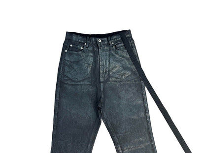 Rick Owen ACBT Dark Waxed Black Denim Pants – High Stretch Flared Wide-Leg Trousers - Size avaliable 28~34