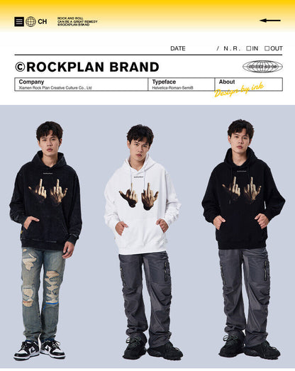 Rock Plan Cotton Hoodie Friendly Gesture Print Featuring Middle Finger Graphic