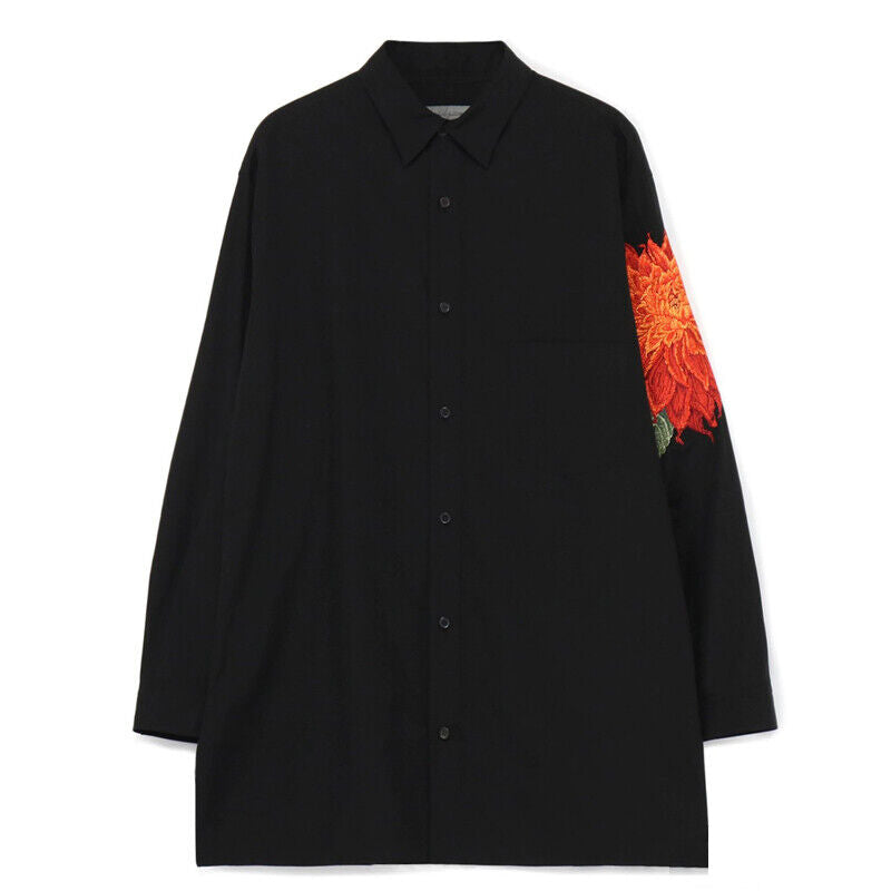 Yohji Yamamoto Red Dahlia Shirt Floral Embroidery Loose Fit Long Sleeve Shirt - Black