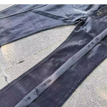 RO Rick Owen Wax-Coated Handcrafted Denim Jeans Slim Flare Stretch Leanfit Wokkvibe 91YI