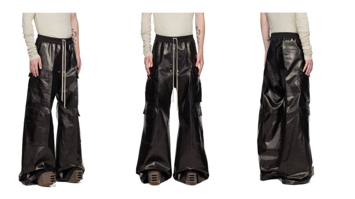 RO Metallic Coated Brushed Wax Glossy Pocket Straight Wide-Leg Flared Trousers - Size avaliable 46 48 50