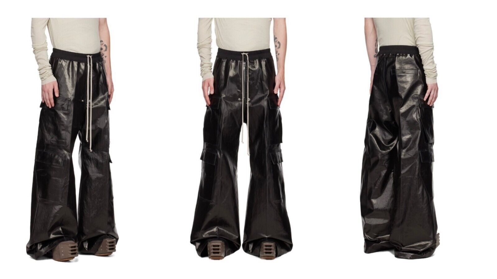 RO Metallic Coated Brushed Wax Glossy Pocket Straight Wide-Leg Flared Trousers - Size avaliable 46 48 50