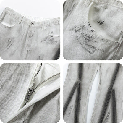 High Street RO Rick Owens Dirty Color Gradient Flare Jeans Distressed Retro Trousers - Size avaliable S ~ XXL