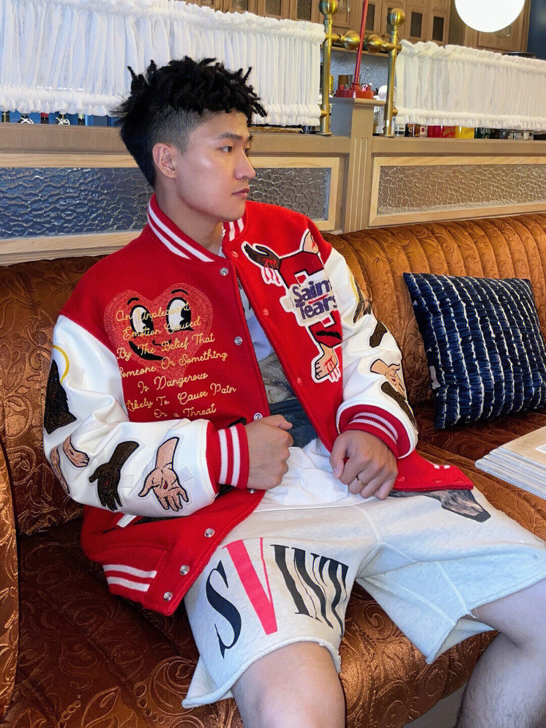 Saint Michael Casual Couple’s Baseball Jacket Red Embroidered Patch