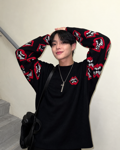 Matty Boy Chomper Lips Knit Sweater - Chrome Red Cross Leather Patch Pullover
