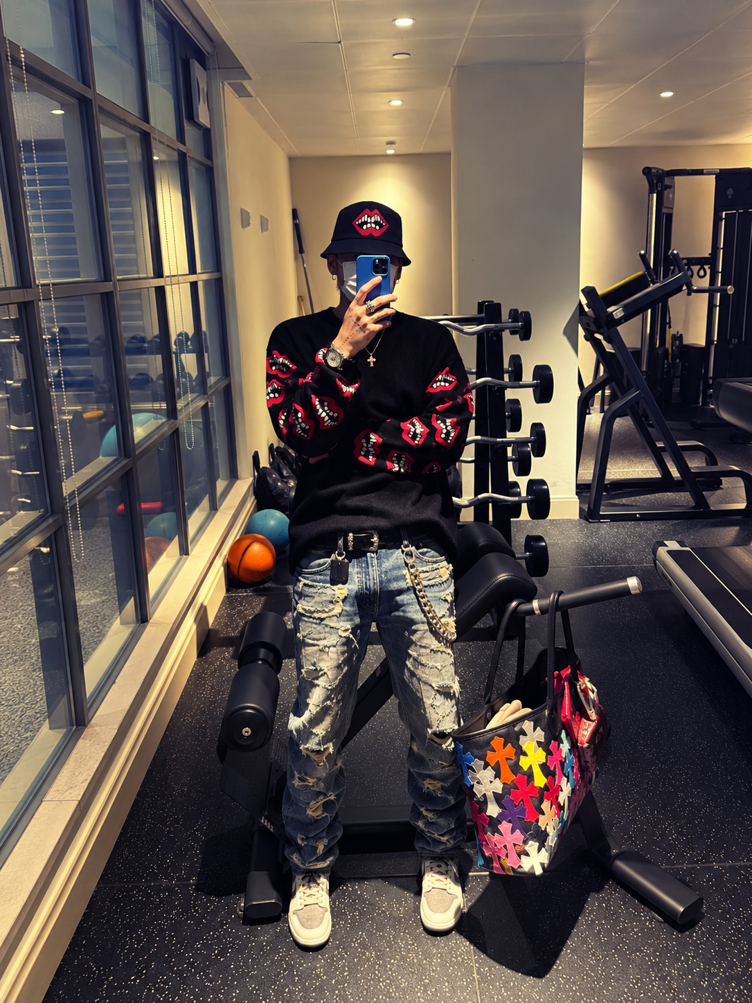 Matty Boy Chomper Lips Knit Sweater - Chrome Red Cross Leather Patch Pullover