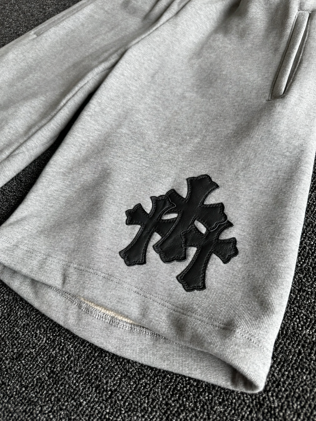 Chrome Lambskin Cross Patch Sweatshorts - Heavy Heather Grey