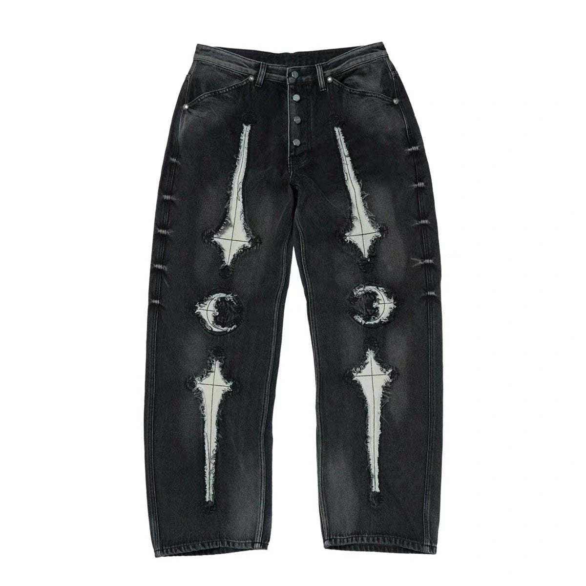 THUG CLUB Revised Moon Star Metal Logo Spliced Denim Jeans - Vintage Wash - donclickin