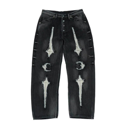 THUG CLUB Revised Moon Star Metal Logo Spliced Denim Jeans - Vintage Wash - donclickin