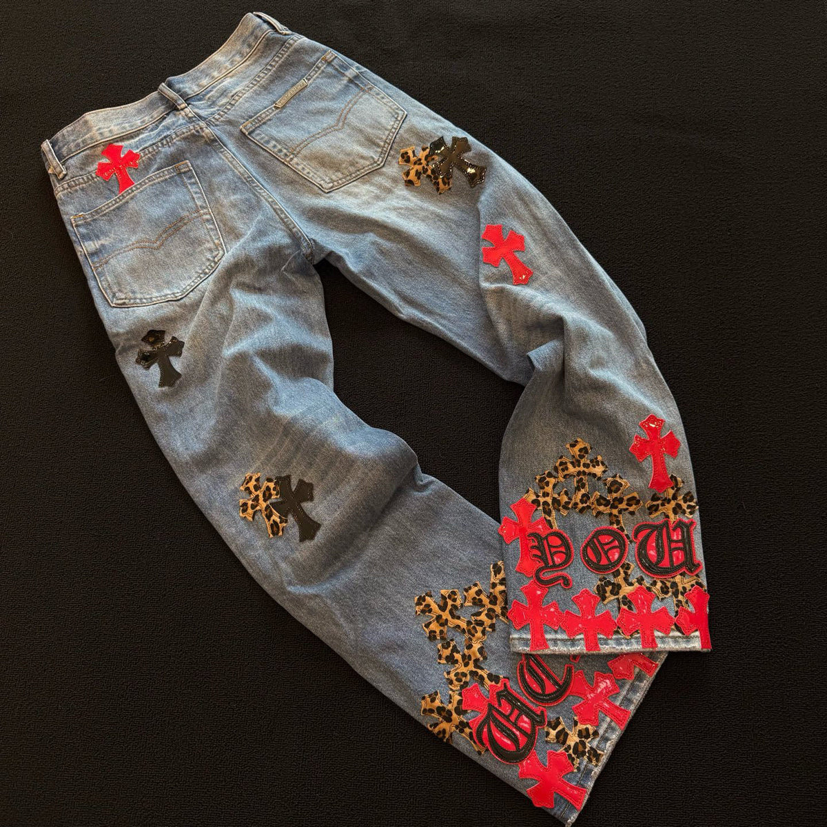 Revised Chrome Hearts Cross Patch Jeans - Leopard & Leather Appliqué Vintage Denim