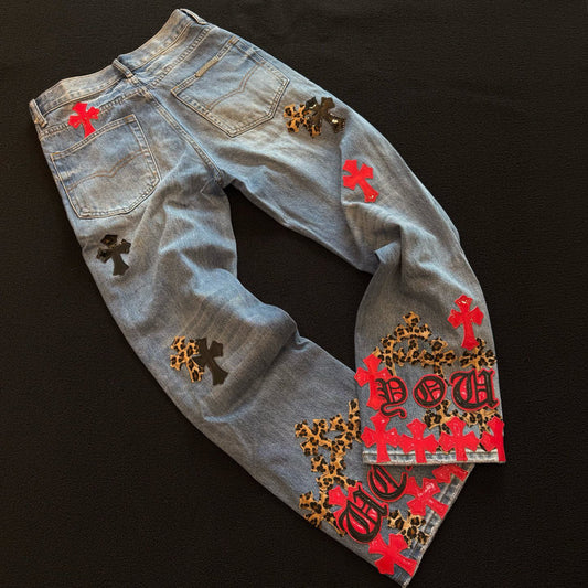 Revised Chrome Hearts Cross Patch Jeans - Leopard & Leather Appliqué Vintage Denim
