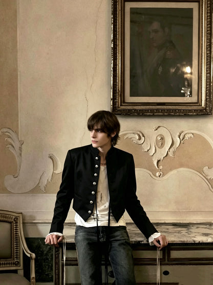 Annd Gothic Napoleon Jacket - Silver Button Cropped Coat - donclickin
