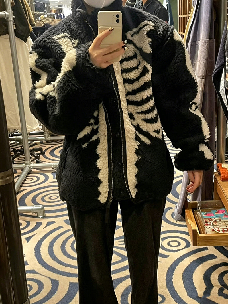 Remake Bone Boa Fleece Jacket - KAPITAL Reversible Skeleton Sherpa Zip Coat