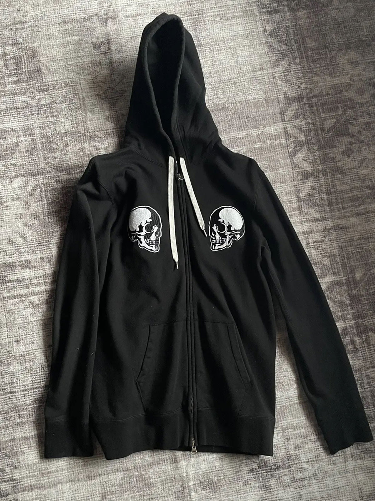 Number (N)ine Double Skull Zip-Up Hoodie - Embroidered Patch Black Sweatshirt