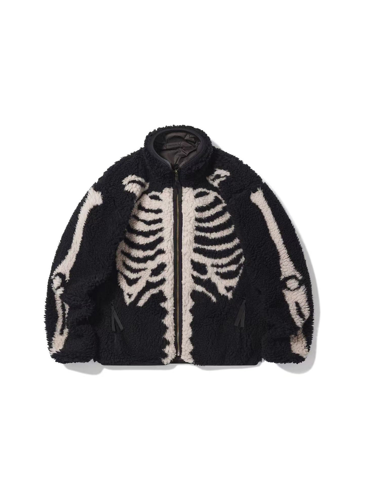 Remake Bone Boa Fleece Jacket - KAPITAL Reversible Skeleton Sherpa Zip Coat