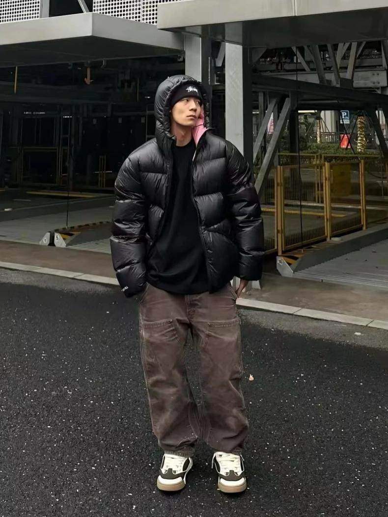 Revised Stussy Color Block White Duck Down Puffer - Hooded Cropped Jacket 