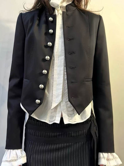 Annd Gothic Napoleon Jacket - Silver Button Cropped Coat - donclickin