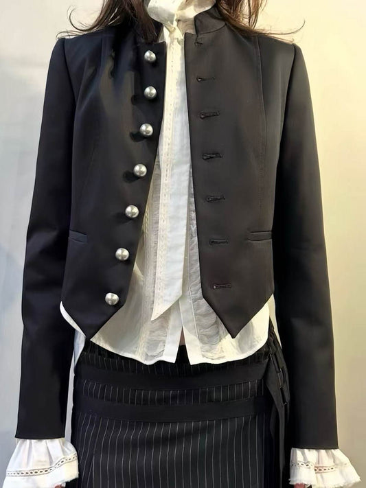 Annd Gothic Napoleon Jacket - Silver Button Cropped Coat - donclickin