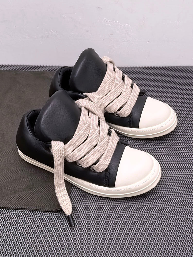 RO Jumbo Lace Padded Low Sneaker - Rick Owen Chunky Leather - Jumbo Lace Ramones (Black/Milk) / 35