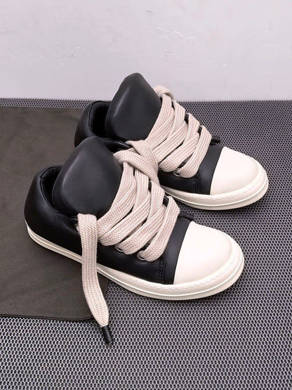 RO Jumbo Lace Padded Low Sneaker - Rick Owen Chunky Leather - Jumbo Lace Ramones (Black/Milk) / 35