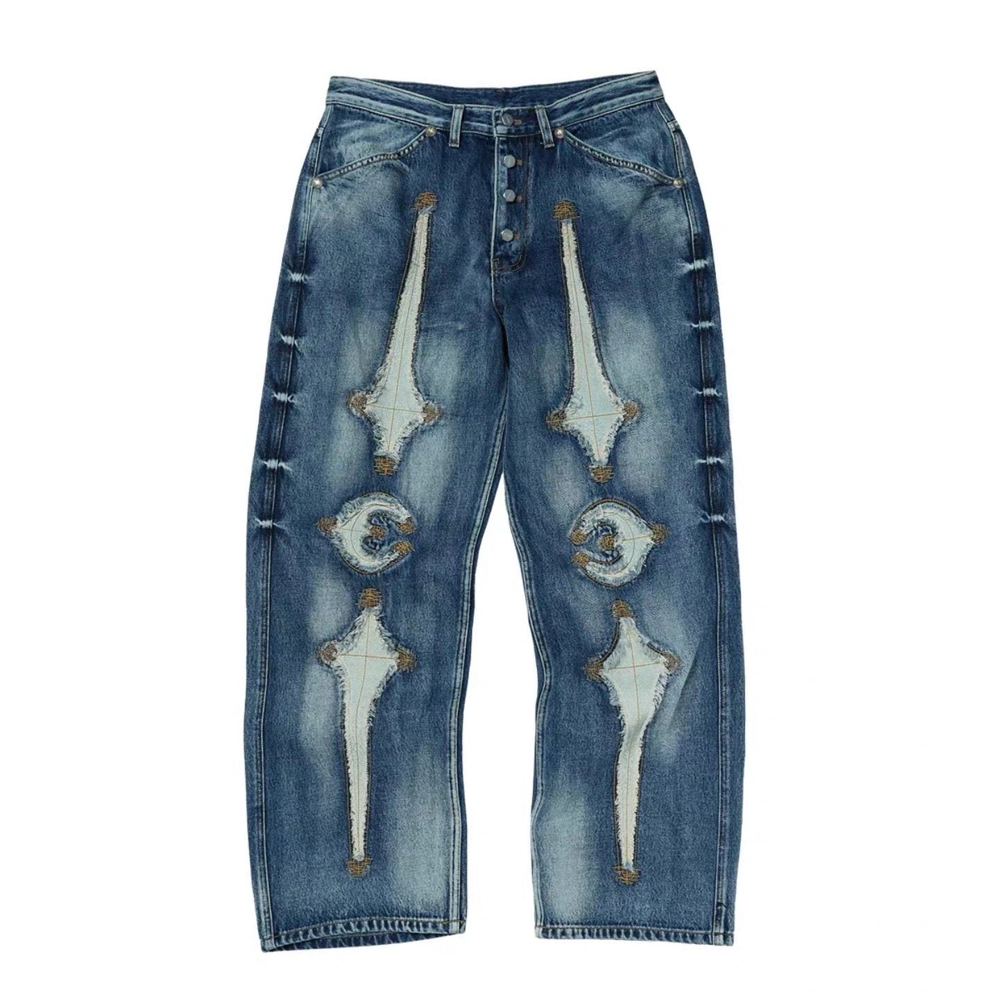 THUG CLUB Revised Moon Star Metal Logo Spliced Denim Jeans - Vintage Wash - donclickin