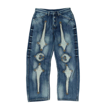 THUG CLUB Revised Moon Star Metal Logo Spliced Denim Jeans - Vintage Wash - donclickin