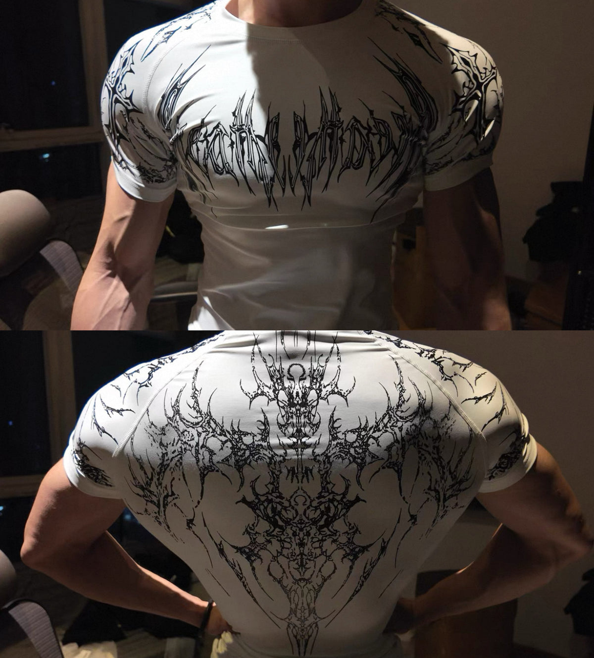 BreatheDivinity Gothic Compression Shirt - Cyber Sigilism Raglan Muscle Tee - White / XS