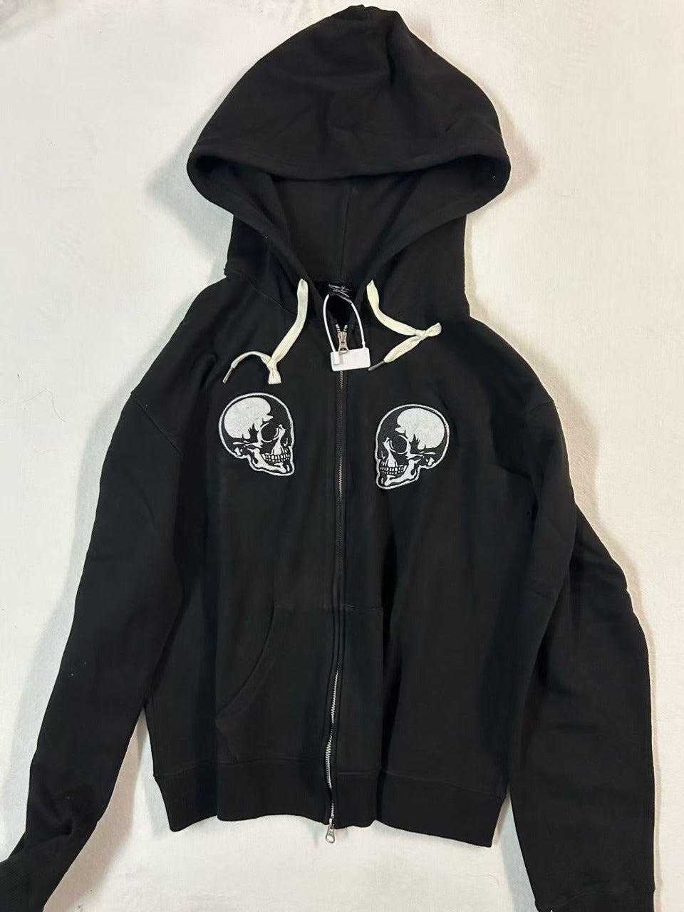 Number (N)ine Double Skull Zip-Up Hoodie - Embroidered Patch Black Sweatshirt