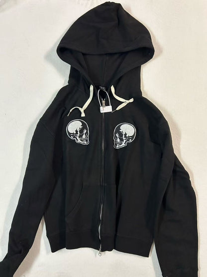 Number (N)ine Double Skull Zip-Up Hoodie - Embroidered Patch Black Sweatshirt