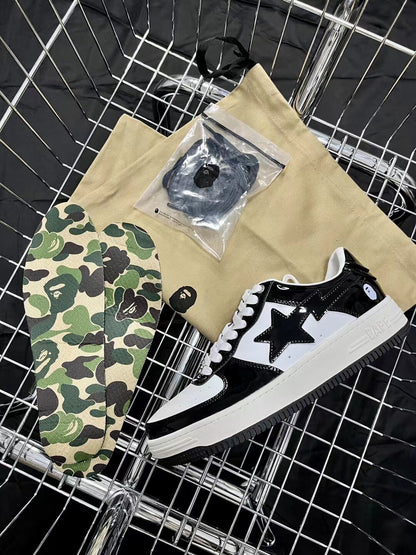 Bape Sta Low Silhouette - Black Patent Leather Skate Sneakers  