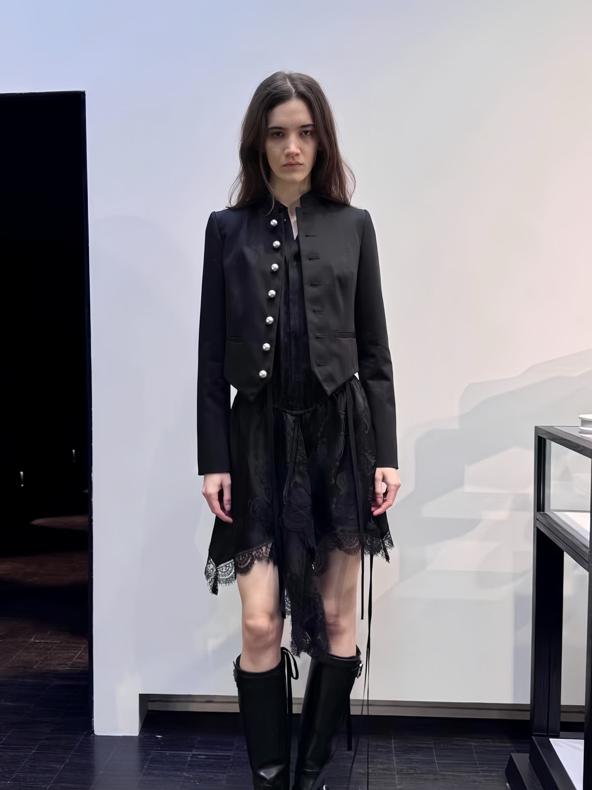 Annd Gothic Napoleon Jacket - Silver Button Cropped Coat - donclickin