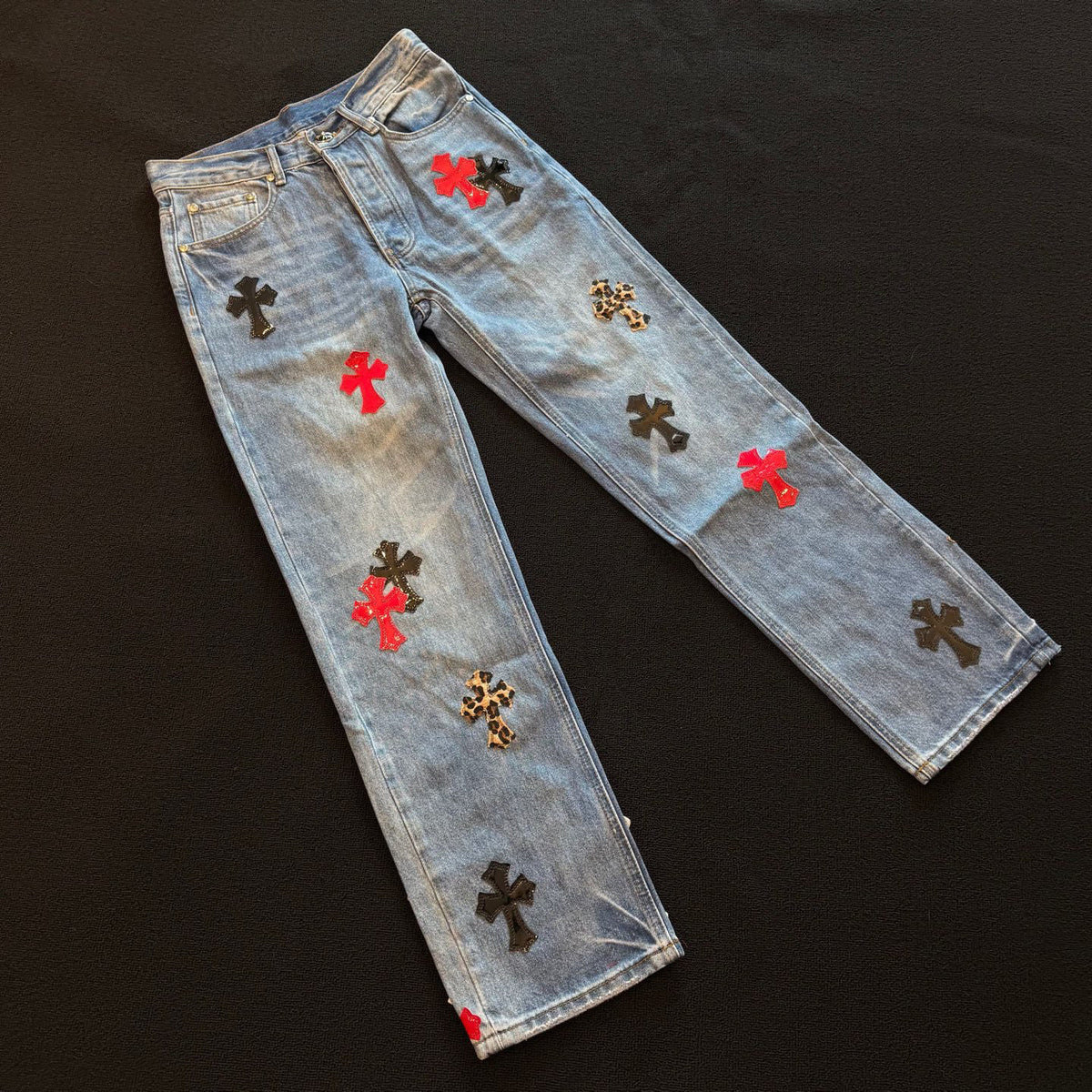 Revised Chrome Hearts Cross Patch Jeans - Leopard & Leather Appliqué Vintage Denim