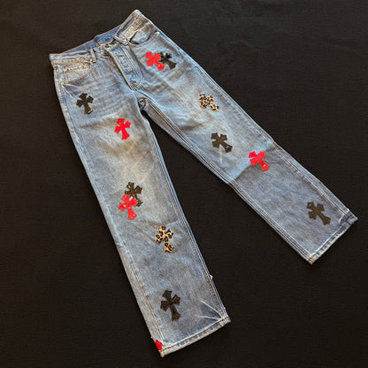 Revised Chrome Hearts Cross Patch Jeans - Leopard & Leather Appliqué Vintage Denim